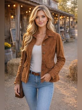 L.L.Bean Brown Suede Leather Jacket Women’s XS Button Front Western Utility Coat